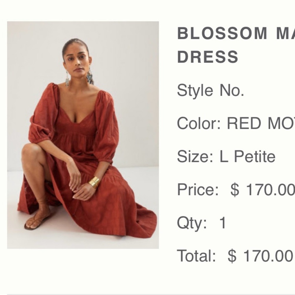 Anthropologie Rust Blossom Maxi dress with Puff Sleeves and Sweetheart Neck